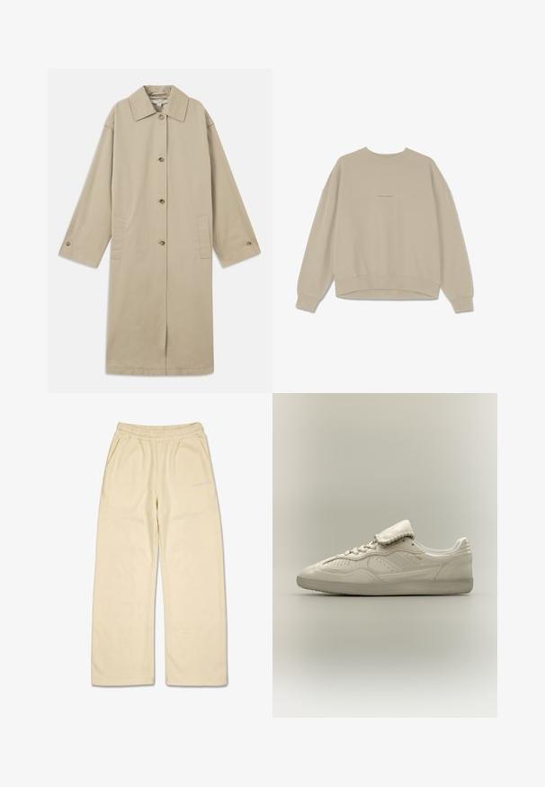 Manteau beige mi-long en mélange de coton, avec un col pointu, une fermeture à boutons, des manches longues et des poches plaquées sur les côtés.; Sweatshirt beige en coton doux, avec un col rond, des épaules tombantes et des poignets côtelés, ornée du mot "PEGAADOR" brodé sur le devant.; Pantalon de survêtement beige à jambes larges avec taille élastique, poches latérales et petit logo blanc « PEGADOR » sur la cuisse gauche.; Basket basse blanche avec semelle texturée, laçage avant, languette rembourrée et marquage doré discret sur le côté, présentée sur un fond neutre.