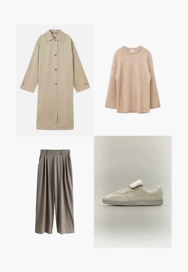 Beige knie-langer Mantel aus Baumwollmischung mit spitzem Kragen, Knopfverschluss, langen Ärmeln und seitlichen aufgesetzten Taschen.; Beiger Pullover mit langen Ärmeln, Rundhalsausschnitt, weicher, flauschiger Textur und lockerem Schnitt, vor weißem Hintergrund dargestellt.; Beige Hosen mit weitem Bein, Falten, Gürtelschlaufen und Seitentaschen, für eine lockere Passform entworfen.; Weißer Low-Top-Sneaker mit strukturierter Sohle, Schnürung vorne, gepolsterter Zunge und dezentem goldfarbenem Branding an der Seite, dargestellt vor neutralem Hintergrund.