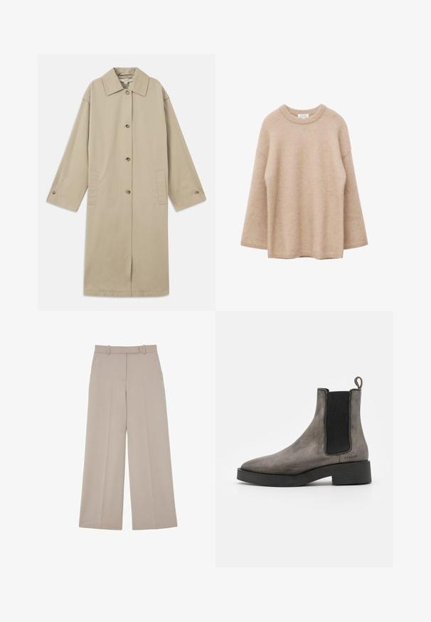 Beige knelange frakke lavet af bomuldsblanding med spids krave, knaplukning foran, lange ærmer og sidelommer.; Beige langærmet sweater med rund hals, blød og fnugget tekstur og løs pasform, vist mod en hvid baggrund.; Beige bukser med vide ben, bæltestropper, forlommer og presning ned langs midten af hvert ben.; Grå læder chelsea støvle med tekstureret finish, elastiske sidedele, hængestrop og sort gummisål. Slank, taperet design med minimale accenter.