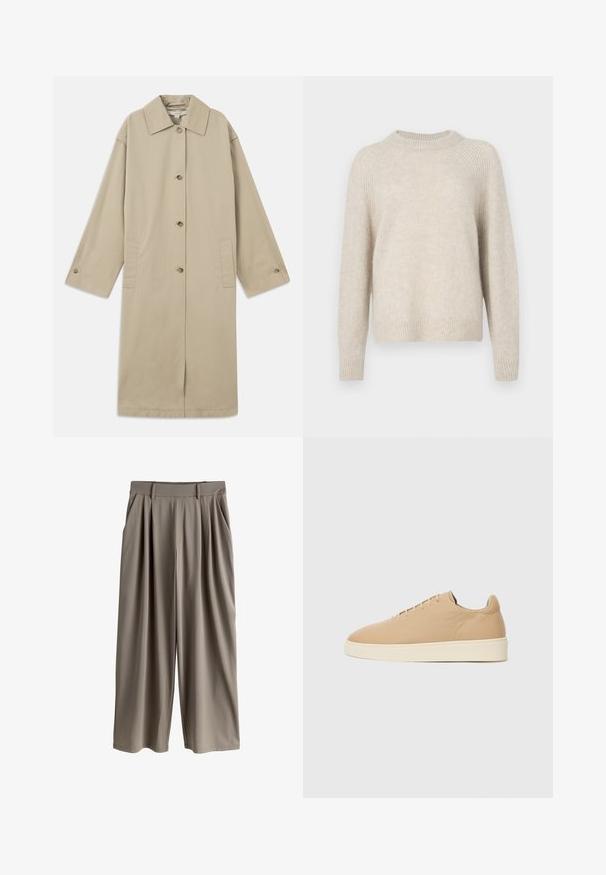Beige knie-langer Mantel aus Baumwollmischung mit spitzem Kragen, Knopfverschluss, langen Ärmeln und seitlichen aufgesetzten Taschen.; Beige Strickpullover mit Rundhalsausschnitt, Raglanärmeln und geripptem Saum. Weiche Textur mit einer leicht lockeren Passform und minimalem Muster.; Beige Hosen mit weitem Bein, Falten, Gürtelschlaufen und Seitentaschen, für eine lockere Passform entworfen.; Beige Sneaker mit glatter Textur, runder Zehenpartie und minimalistischem Design. Verfügt über eine cremefarbene Sohle und sechs Ösen für die Schnürsenkel.