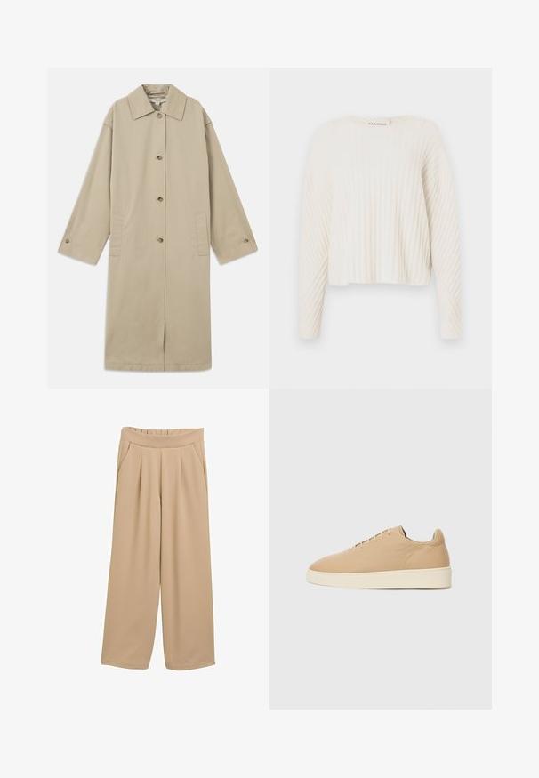 Beige kabát po kolená vyrobený z bavlnenej zmesi, s špicatým golierom, predným zapínaním na gombíky, dlhými rukávmi a bočnými náprsníkovými vreckami.; CLOSED CREW NECK - Svetrík - ecru; Beige široké nohavice s nariaseným pásom, so zošívanými bočnými vreckami a hladkým textúrovaným povrchom látky.; Beige tenisky s hladkým povrchom, guľatou špičkou a minimalistickým dizajnom. Majú krémovú podrážku a šesť dierok na šnúrky.