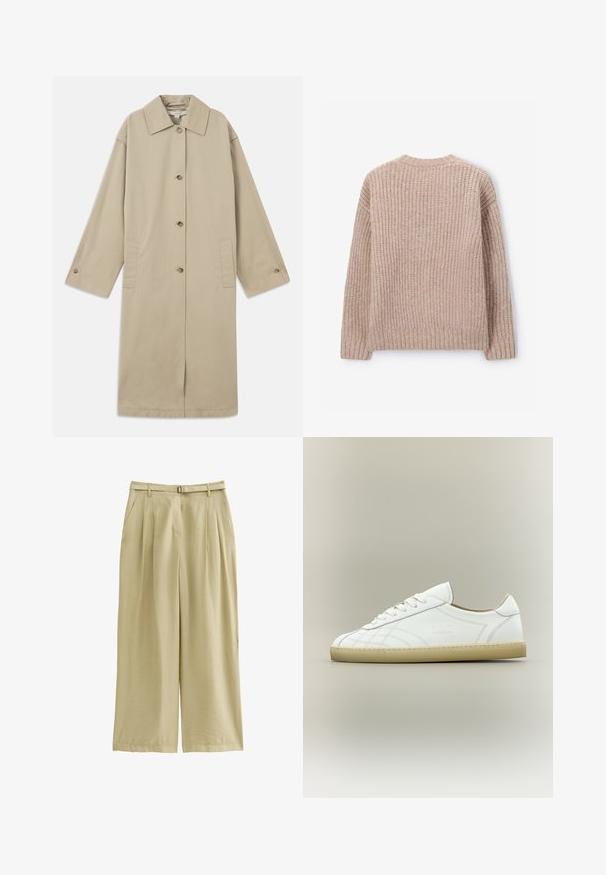 Manteau beige mi-long en mélange de coton, avec un col pointu, une fermeture à boutons, des manches longues et des poches plaquées sur les côtés.; Pull en maille beige avec un motif texturé, doté d'un col rond et d'un ourlet côtelé. La vue de dos montre des coutures d'épaule tombantes.; Pantalons larges beige clair en tissu doux et lisse. Dotés d'une taille haute, de plis et de poches latérales pour plus de fonctionnalité.; Baskets basses en cuir blanc avec semelle beige, lacets et motifs cousus subtils sur fond neutre.
