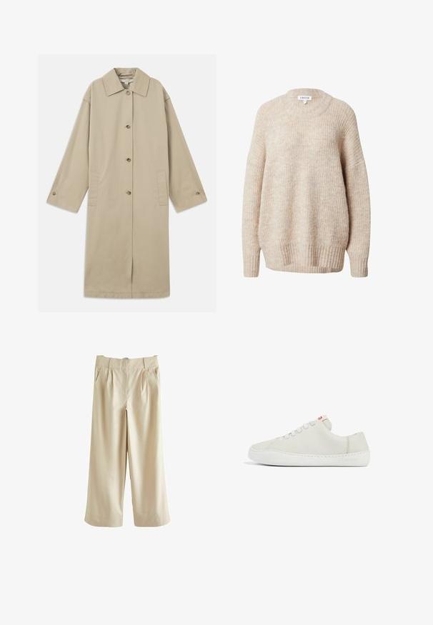 Beige knie-lange jas van katoenmix, met een puntige kraag, knoopsluiting aan de voorkant, lange mouwen en zijzakken.; Beige gebreide trui met een ronde hals, verlaagde schouders en geribbelde manchetten en zoom. Heeft een gestructureerde, licht losse pasvorm.; Next SMART WIDE LEG - Broek - stone; Witte leren sneaker met een lage profiel, ronde neus, platte vetersluiting en witte rubberen zool. Bevat subtiele stiksels en een klein logo.