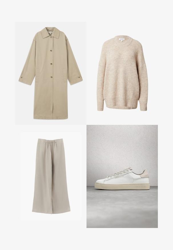 Beige knie-lange jas van katoenmix, met een puntige kraag, knoopsluiting aan de voorkant, lange mouwen en zijzakken.; Beige gebreide trui met een ronde hals, verlaagde schouders en geribbelde manchetten en zoom. Heeft een gestructureerde, licht losse pasvorm.; Beige wijde broek met een elastische tailleband, gemaakt van een licht en zacht stof.; Witte leren sneaker met een glanzende afwerking, beige suède accenten, ronde neus, platte vetersluiting en een getextureerde rubberen zool.