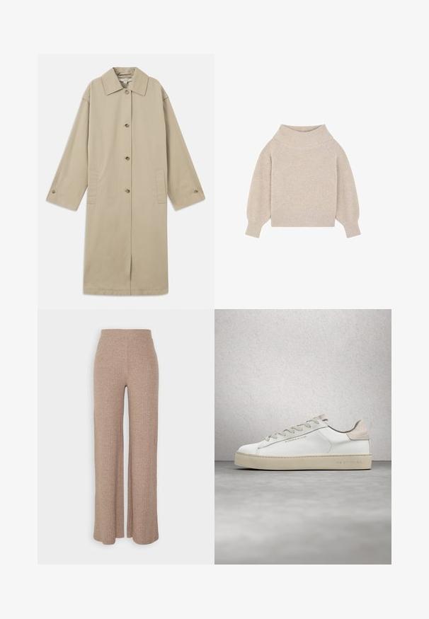 Beige knie-langer Mantel aus Baumwollmischung mit spitzem Kragen, Knopfverschluss, langen Ärmeln und seitlichen aufgesetzten Taschen.; Beiger gerippter Strickpullover mit langen, puffigen Ärmeln und einem breiten, umgeschlagenen Rollkragen.; Beige, gerippte, weit geschnittene Hose mit hohem Bund und weicher Textur, die eine lockere Passform und keine sichtbaren Verschlüsse hat.; Weiße Leder-Sneaker mit glatter Oberfläche, beigen Wildleder-Akzenten, runder Zehenpartie, flachem Schnürdesign und einer strukturierten Gummisohle.
