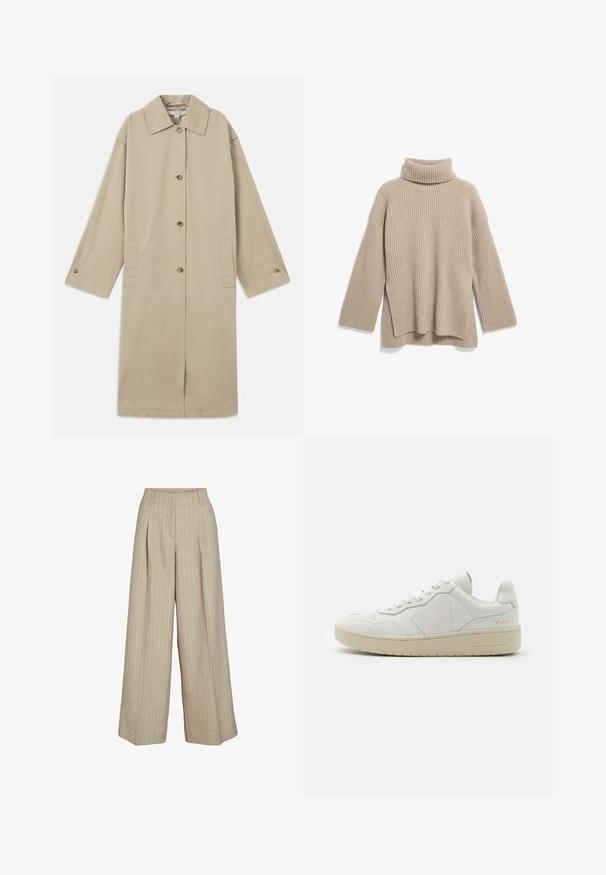 Beige knelange frakke lavet af bomuldsblanding med spids krave, knaplukning foran, lange ærmer og sidelommer.; Beige rillede turtleneck sweater med en afslappet pasform, der har lange ærmer og en sideslidskant, lavet af et blødt, tekstureret strikstof.; Beige bukser med vide ben og lodrette nålestriber, bæltestropper, forreste læg og en høj talje.; Hvide lædersneakers med perforeret tåboks, kontrasterende beige gummisål og logoer på siden og hælen. Minimalistisk design.