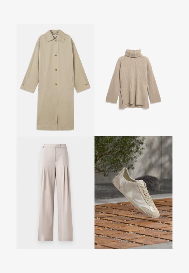Beige knelange frakke lavet af bomuldsblanding med spids krave, knaplukning foran, lange ærmer og sidelommer.; Beige rillede turtleneck sweater med en afslappet pasform, der har lange ærmer og en sideslidskant, lavet af et blødt, tekstureret strikstof.; Beige vidde bukser med en glat tekstur, plisseret frontdesign og en skræddersyet talje. Velegnet til formelt eller afslappet brug.; Beige Calvin Klein sneaker, der svæver over en mønstret træ- og småstensbelagt udendørs overflade med grønt og en betonvæg i baggrunden.