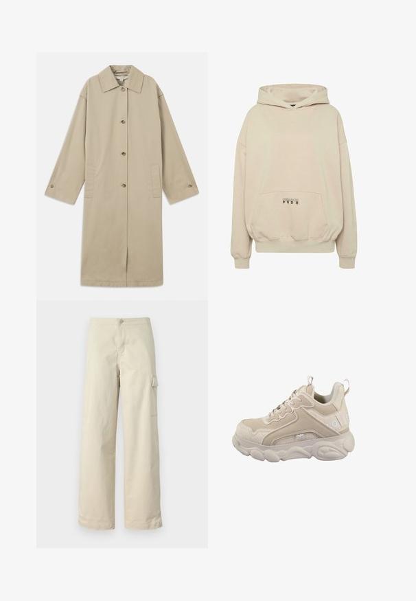 Manteau beige mi-long en mélange de coton, avec un col pointu, une fermeture à boutons, des manches longues et des poches plaquées sur les côtés.; Sweat à capuche beige avec une poche avant, des poignets côtelés et une capuche à cordon. Texte "PECADOR PGDR" imprimé sur la zone de la poche.; Pantalons cargo beiges en coton doux, avec une coupe droite, un bouton à l'avant et une poche latérale avec détail à rabat.; Baskets beiges avec un mélange de cuir lisse et de panneaux texturés, dotées d'une semelle rembourrée, de lacets et d'un détail de marque sur le côté.