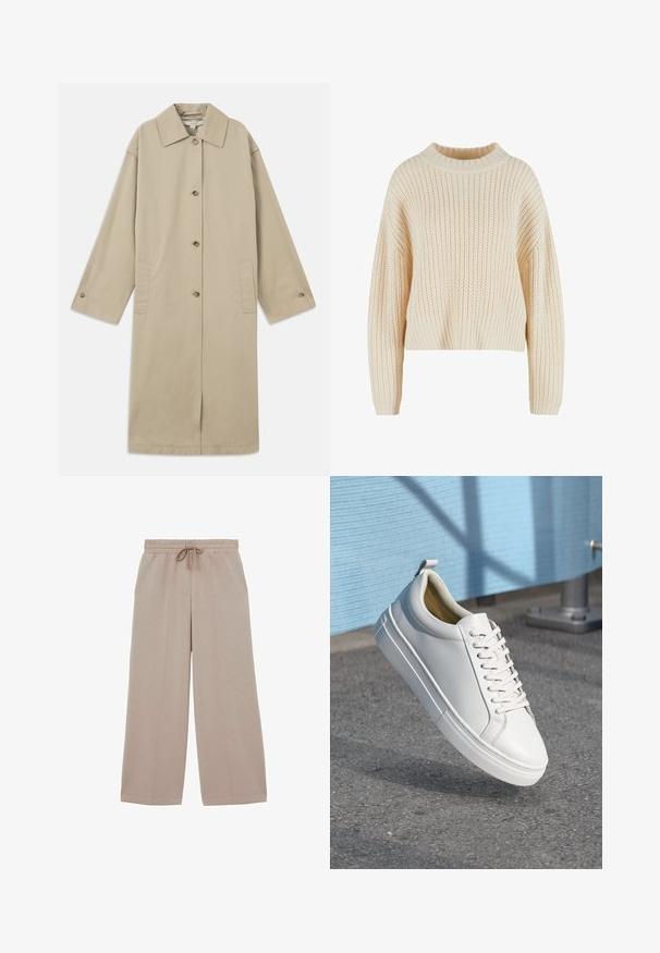 Beige knie-langer Mantel aus Baumwollmischung mit spitzem Kragen, Knopfverschluss, langen Ärmeln und seitlichen aufgesetzten Taschen.; Cremfarbener, gestrickter Pullover mit hohem, ribbeligem Kragen, weiten Ärmeln und einem strukturierten Muster. Kürzer geschnitten mit ribbeligem Saum.; Beige Hosen mit weitem Bein, elastischem Bund und Kordelzug, mit vorderen Nahtdetails und lässiger Passform.; Weißes Leder-Sneaker mit flachen Schnürsenkeln, runder Zehenpartie, Gummisohle und einem kleinen Zieh-Tab an der Ferse. Glatte Textur mit minimalen Design-Details.