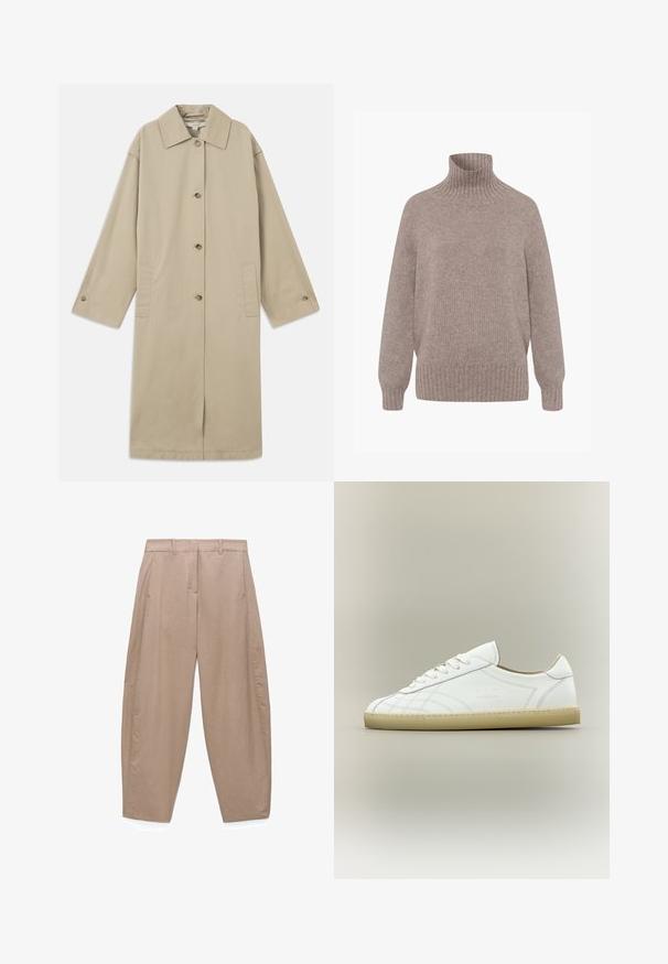 Beige knie-lange jas van katoenmix, met een puntige kraag, knoopsluiting aan de voorkant, lange mouwen en zijzakken.; Beige gebreide coltrui met lange mouwen, geribde manchetten, zoom en kraag, afgebeeld op een witte achtergrond.; Beige wijde broek met hoge taille, riemlussen, steekzakken en een ritssluiting met knop aan de voorkant.; Witte lage leren sneaker met beige zool, vetersluiting en subtiele gestikte patronen op een neutrale achtergrond.