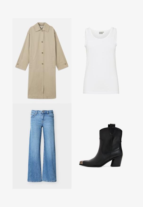 Beige knie-lange jas van katoenmix, met een puntige kraag, knoopsluiting aan de voorkant, lange mouwen en zijzakken.; Witte tanktop met een ronde hals en brede schouderbanden. Gemaakt van gladde, rekbare stof zonder patronen of versieringen.; Lichtblauwe denim jeans met een hoge taille, knoop- en ritssluiting, voorzakken en wijde pijpen.; Zwarte leren enkellaars met een lichte hak, voorzien van een puntige neus en een metalen kap. Eenvoudige stiksels en een trekkoord aan de achterkant.