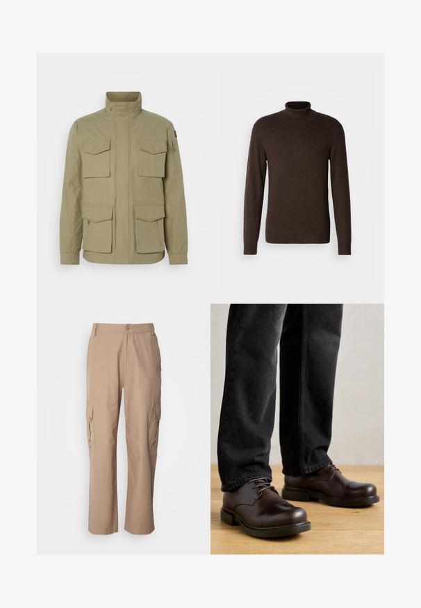 Beige jakke med høj krave, fire frontlommer, en lynlåslomme på ærmet og et let textured stof.; Brun turtleneck sweater lavet af blødt materiale, med lange ærmer og ribbet krave. Glat tekstur med en tætsiddende design.; Khaki cargo shorts lavet af letvægtsstof, med to sidelommer, knaplukning og lige ben-design.; Brune lædersko med rund tå, snørelukning og kraftig sort gummisål, parret med mørke denim bukser.