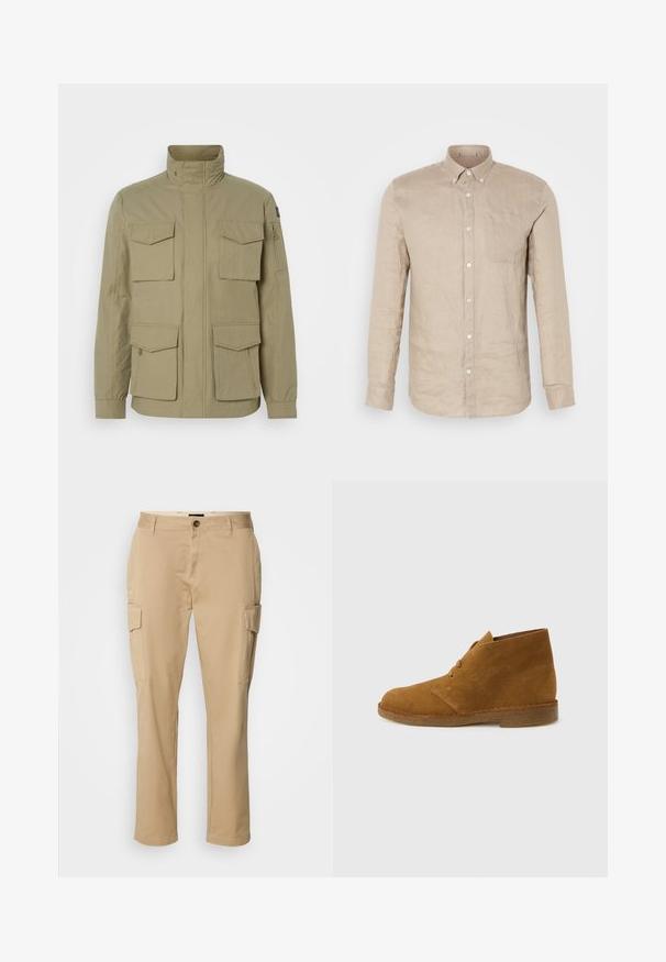 Beige jakke med høj krave, fire frontlommer, en lynlåslomme på ærmet og et let textured stof.; Beige linned button-up skjorte med lange ærmer, enkelt brystlomme og hvide knapper. Glat tekstur, afslappet pasform og spidse krave.; Beige cargo bukser lavet af bomuld. Har to sidelommer, en knaplukning og en lige ben-design. Glat tekstur, afslappet stil.; Brun ruskinds ørkenstøvle, ankelhøj, med to snørehuller og crepesål på ensartet lysegrå baggrund.