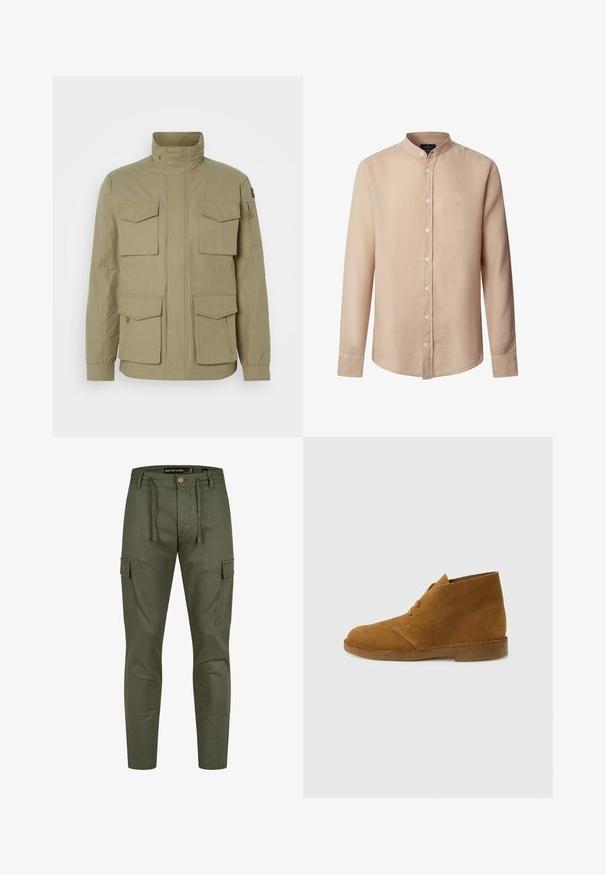 Beige jakke med høj krave, fire frontlommer, en lynlåslomme på ærmet og et let textured stof.; Beige langærmet skjorte med knapper og mandarinkrave samt lille broderet logo på venstre bryst.; Oliven grønne cargo-bukser med elastisk talje, struktureret stof, sidelommer og et slim fit design. Knaplukning foran.; Brun ruskinds ørkenstøvle, ankelhøj, med to snørehuller og crepesål på ensartet lysegrå baggrund.
