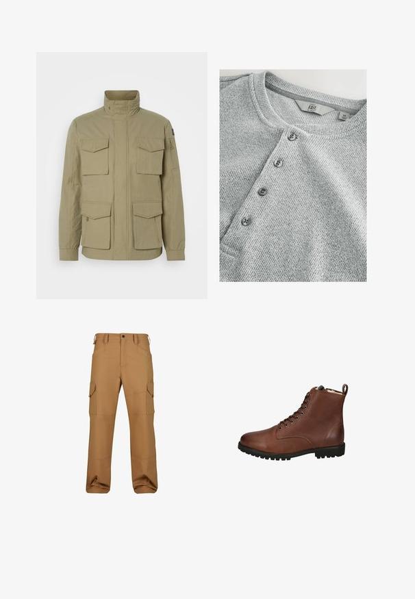 Beige jakke med høj krave, fire frontlommer, en lynlåslomme på ærmet og et let textured stof.; Grå strikket langærmet skjorte med rund halsudskæring, fem knaplukninger, ribbet tekstur og slank pasform. Etiketten angiver størrelse M.; Brune cargo bukser lavet af slidstærkt stof, med flere lommer, en afslappet pasform og forstærkede syninger.; Brune læder ankelstøvler med en tekstureret overflade, snørebånd fortil, rund tå og en kraftig gummisål. Inkluderer en pull-tab bagpå.