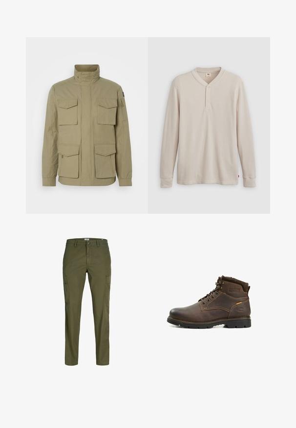 Beige jakke med høj krave, fire frontlommer, en lynlåslomme på ærmet og et let textured stof.; Langærmet henley-skjorte i lys beige ribbet stof, med V-hals, tre-knap placket og manchetter ved ærmerne. Rød logo-tags ved kanten.; Herre olivengrøn cargobukser med sidelommer, knaplukning, bæltestropper og lige ben.; Brune læder vandrestøvler med mørke gummisåler, der har metaløjer, kontrasterende syninger og en polstret krave for komfort.