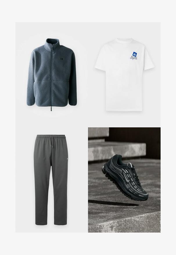Grå fleecejakke med høj krave, frontzipper og to sidelommer. Har en tekstureret stof og et lille logo på brystet.; Hvid bomulds-T-shirt med korte ærmer, med et blåt og hvidt logo på venstre bryst og rund halsudskæring.; Mørkegrå fleece-sweatpants med elastisk taljebånd og snor, med en lille logo på højre lår.; Sort og grå Nike Air Max sneaker, der flyder over grå betontrin med tekstureret jordbaggrund.
