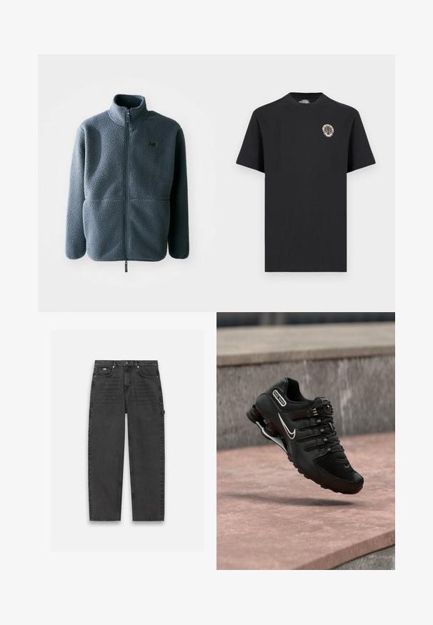 Grå fleecejakke med høj krave, frontzipper og to sidelommer. Har en tekstureret stof og et lille logo på brystet.; Sort T-shirt med korte ærmer og rund halsudskæring, med et lille cirkulært beige logo med et blad- og kraniedesign på venstre bryst.; Mørkegrå denim bukser med lige ben design, fem-lomme stil og en synlig knap- og lynlåslukning. Har minimal detaljer.; Sort Nike Shox løbesko med hvid swoosh-logo, midt i luften over en rosa betonoverflade mod en grå stenmur som baggrund.