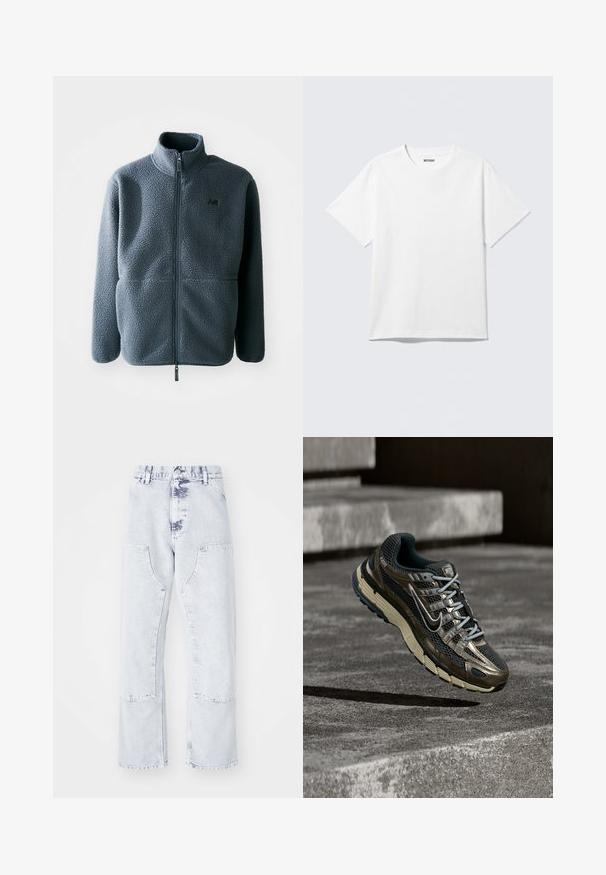 Grå fleecejakke med høj krave, frontzipper og to sidelommer. Har en tekstureret stof og et lille logo på brystet.; Hvid kortærmet crewneck T-shirt lagt fladt ud, ensfarvet design, med "WEEKDAY" mærkat inde i kraven på en lys baggrund.; Lys blå denim straight-leg jeans med patchlommer, høj talje og en falmet overflade. Har tonede syninger og en afslappet pasform.; Mørk metallisk og sort Nike løbesko med beige sål, der svæver over grå betontrapper.