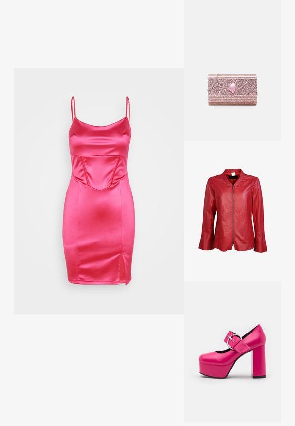 Rode leren jack met een rits aan de voorkant, mandarin kraag en uitlopende mouwen. Gladde textuur met minimale stiksels en geen zichtbare hardware.; WAL G. CALEB CORSET MINI - Cocktailjurk - fuchsia; LAMODA FORGET ME PLATFORM - Hoge hakken - fuchsia; Kurt Geiger London PARTY EAGLE CLUTCH DRENCH - Clutch - pale pink