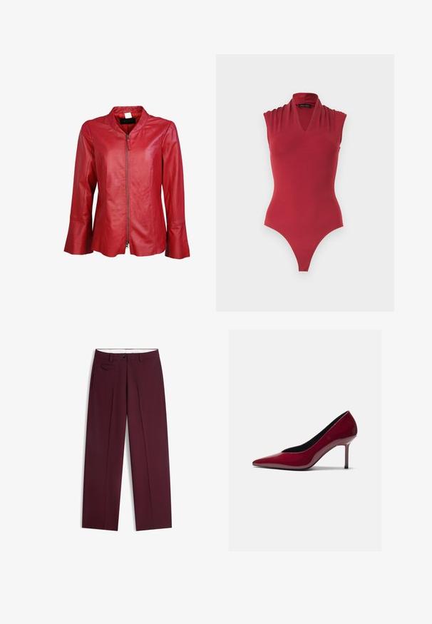 Rød læderjakke med lynlås foran, mandarinkrave og brede ærmer. Glat tekstur med minimal syning og ingen synlig hardware.; Ærmeløs rød bodystocking med V-hals og opsamlet skulderdetalje, designet til en tætsiddende silhuet.; Bordeaux-røde bukser med lige ben, forkantsgned, bæltestropper, knaplukning, skrå sidelommer og en lille klaplomme foran til højre.; Røde patentlæder højhælede pumpe med spids tå og slank silhuet; har en tynd stiletto hæl og sømløst design.