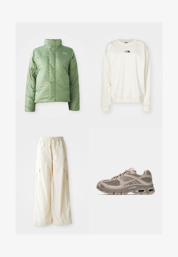 Lichtgroene pufferjack met een hoge kraag, ritssluiting en gestikte naden. Kenmerkt zich door een logo op de borst en een gladde, glanzende stofstructuur.; The North Face ESSENTIAL OVERSIZE CREW - Sweater - white dune; Brede cargo-broek van lichtbeige stof met een elastische tailleband, trekkoordsluiting en zijzakken. Hete gladde textuur met minimale details.; Beige sportschoen met bovenwerk van mesh, gevormde accenten, ronde neus en zichtbare luchtkussens in de zool. Veters in een neutrale tint.