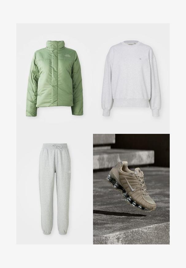 Hellgrüne Pufferjacke mit hohem Kragen, Reißverschluss und genähten Nähten. Mit Logo auf der Brust und glatter, glänzender Stoffoberfläche.; Carhartt WIP CASEY - Sweatshirt - ash heather/silver; Graue Sweatpants mit einem elastischen Bund und Kordelzug. Der Stoff ist weich, mit elastischen Bündchen an den Knöcheln und einem Logo-Detail.; Beigefarbener Nike Laufschuh mit silbernen Akzenten und federnder Sohle schwebt über Betontreppen bei gedämpftem Licht.