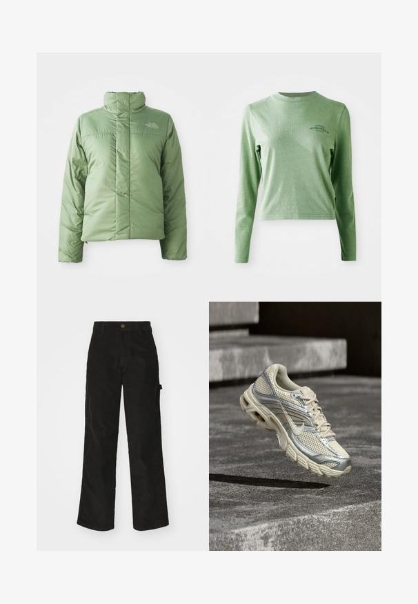 Hellgrüne Pufferjacke mit hohem Kragen, Reißverschluss und genähten Nähten. Mit Logo auf der Brust und glatter, glänzender Stoffoberfläche.; Hellgrünes Langarm-T-Shirt aus weicher Baumwolle, mit Rundhalsausschnitt und einem kleinen gedruckten Logo auf der oberen linken Seite.; Schwarze Cordhosen mit geradem Schnitt, ausgestattet mit einem Knopfverschluss und einer Seitenlasche. Glatte Textur mit feinen verticalen Streifen.; Beiger und silberner Nike-Laufschuh mit Mesh- und Schnürungsdetails schwebt über Betontreppen.