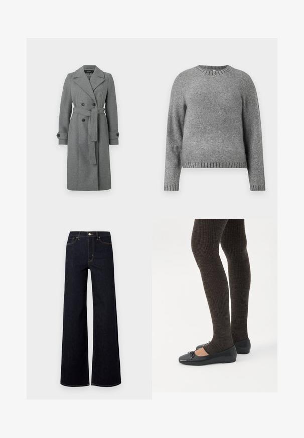 Grijze wollen blend jas met een dubbelgeknoopt ontwerp, notch kraag, zijzakken en een bijpassende riem. Bevat zwarte knopen en een getailleerde pasvorm.; Grijze gebreide trui met een ronde hals, lange mouwen en geribde accenten bij de manchetten en de zoom. Zachte textuur met een iets losser pasvorm.; Donkerblauwe wijde jeans van denim, met een hoge taille, contrasterende stiksels en een enkele metalen knoop aan de voorkant.; Benen met donkere geribbelde leggings gecombineerd met zwarte ballerina's met kleine strikdetails op een witte achtergrond.