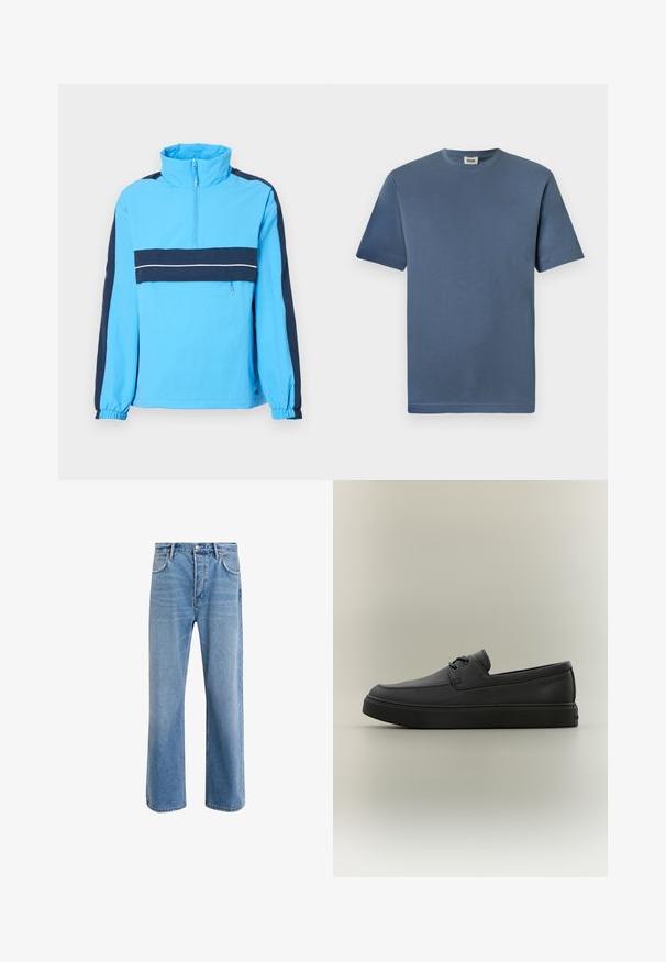 Veste pullover bleue avec col montant, demi-fermeture éclair, panneaux bleu marine et poignets élastiques. Présente une bande horizontale blanche sur la poitrine.; T-shirt en coton bleu avec un col rond et des manches courtes. Présente une texture lisse et un ourlet droit. Pas de motifs ou graphiques visibles.; Jeans en denim bleu clair avec une coupe droite, cinq poches, fermeture à bouton, peu d'usure et des détails de couture contrastés.; Mocassin décontracté en cuir noir avec des détails de laçage et une semelle en caoutchouc épaisse, présenté de profil sur un fond neutre.