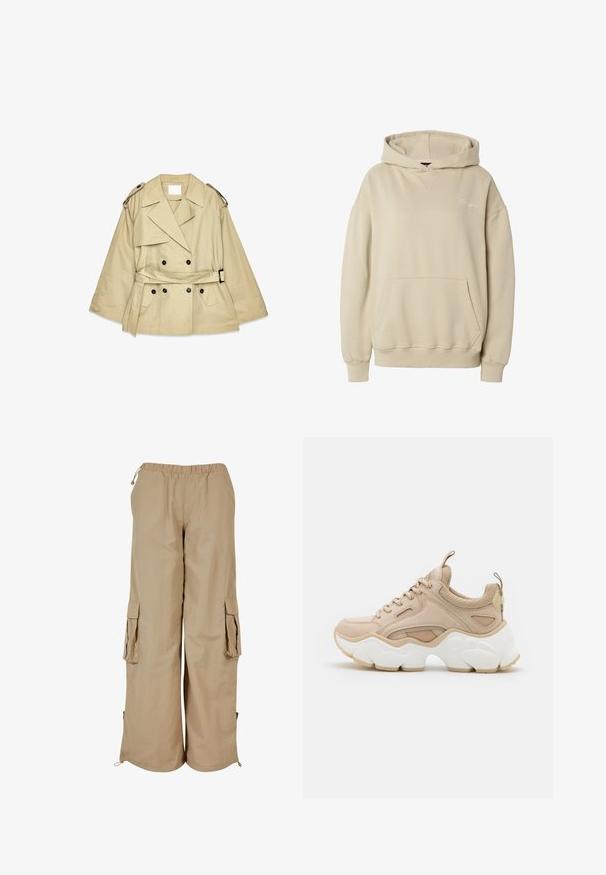 Gabardina beige con un frente de doble botonadura, grandes solapas y hombreras. Presenta una cintura con cinturón y bolsillos laterales.; Sudadera con capucha beige con bolsillo canguro delantero, puños y dobladillo acanalados, y texto bordado sutil en el lado izquierdo del pecho.; Pantalones cargo beige con cintura elástica, dos bolsillos laterales y detalles de malla; fabricados en un tejido ligero y texturizado.; Zapatilla beige que presenta una mezcla de materiales lisos y texturizados, una suela blanca gruesa y acentos de malla para mayor transpirabilidad.