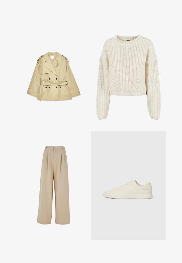 Beige trenchcoat met een dubbelgeknoopt voorpaneel, grote revers en schouderepauletten. Beschikt over een ceintuur in de taille en zijzakken.; Chunky gebreide crèmekleurige trui met een ronde halslijn, brede mouwen, geribbelde manchetten en een textuurpatroon. Verkorte stijl.; Beige wijde broek met geplooide voorkant, knoopsluiting en een gladde textuur. Kenmerkt zich door een op maat gemaakte tailleband en zijzakken.; Witte leren sneaker met ronde neus, vetersluiting aan de voorkant, minimalistisch ontwerp en subtiele branding aan de zijkant. Platte rubberen zool, gladde textuur.