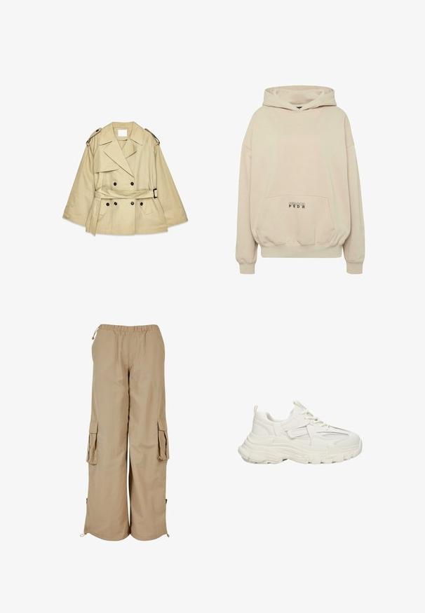 Beige trenchcoat met een dubbelgeknoopt voorpaneel, grote revers en schouderepauletten. Beschikt over een ceintuur in de taille en zijzakken.; Beige hoodie met een voorzak, geribbelde boorden en een capuchon met trekkoord. "PECADOR PGDR" tekst gedrukt op het zakgebied.; Beige cargobroek met een elastische tailleband, twee zijzakken en netaccenten; gemaakt van lichtgewicht, gestructureerde stof.; Robuuste witte sneakers met een textuur bovenkant met mesh details, dikke rubberen zool, ronde neus en decoratieve accenten aan de zijkanten.