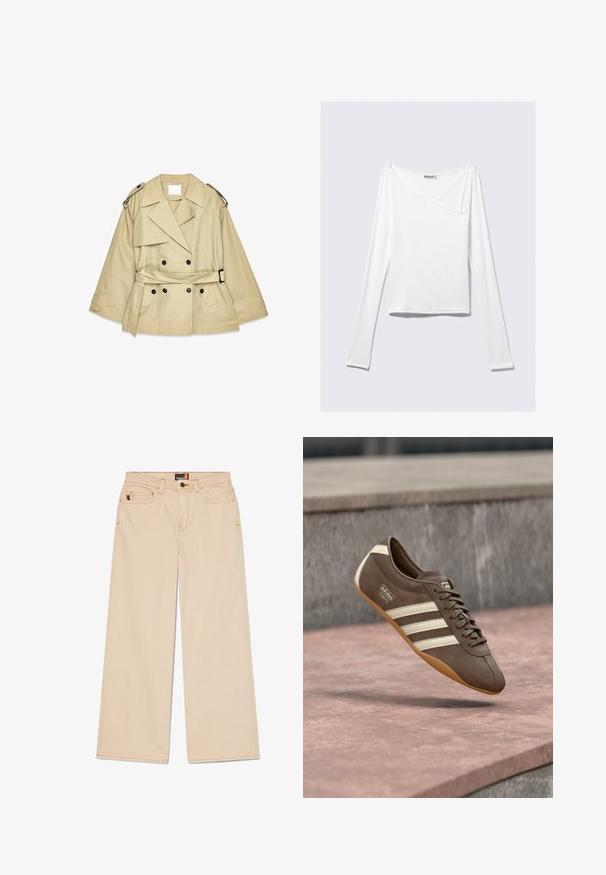 Beige trenchcoat met een dubbelgeknoopt voorpaneel, grote revers en schouderepauletten. Beschikt over een ceintuur in de taille en zijzakken.; Witte long-sleeve top met een crossover ontwerp en een zak. Gemaakt van een gladde, rekbare stof. Geknipt in een casual, relaxte pasvorm.; Beige wijd uitlopende broek in duurzaam stof, met twee voorzakken, een knoopsluiting en contrasterende stiksels langs de naden.; Bruine suède sneaker met witte strepen en merklogo's, voorzien van een ronde neus en een zool van tandgumrubber, zwevend boven een getextureerd oppervlak.