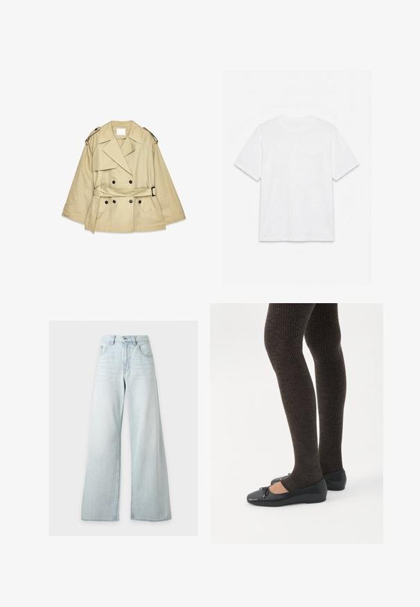 Gabardina beige con un frente de doble botonadura, grandes solapas y hombreras. Presenta una cintura con cinturón y bolsillos laterales.; Camiseta blanca lisa de manga corta con cuello redondo, colocada plana sobre un fondo blanco.; Vaqueros de pierna ancha y cintura alta de color azul claro con botones y cremallera delanteros, bolsillos delanteros y trabillas para cinturón sobre un fondo blanco.; Piernas con leggings oscuros acanalados combinados con bailarinas negras que presentan pequeños detalles de lazo sobre un fondo blanco.