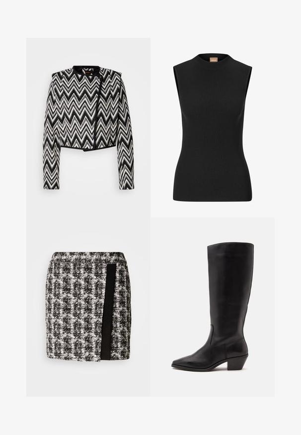 Veste à motifs zigzag en noir et blanc, coupée, avec un col rond et un matériel minimal. Tissu texturé avec des finitions noires contrastantes.; Haut sans manches noir à côtes avec un col haut et une silhouette ajustée, fabriqué en matériau extensible. Présente un branding minimal au niveau du cou.; Jupe à carreaux noir et blanc avec une taille élastique, présentant un panneau en tissu noir sur le côté. Longueur courte, tissu texturé.; Botte en cuir noire mi-mollet avec un bout pointu et un talon bas incliné sur un fond clair uni.