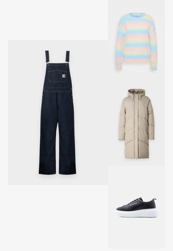 Polstret beige parka med hætte, med vandrette syninger og sidelommer. Stoffet har en glat, blød tekstur.; Mørkeblå denimsoveralls med justerbare skulderstropper, frontlomme på brystet med logo, sidelommer og knapdetaljer ved taljen.; Sweater lavet af blødt, fuzzy stof med vandrette striber i lyseblå, pink, gul og creme, med rund hals og ribbede manchetter.; Sort lavtop sneakers med hvid plateau-sål, Armani Exchange-logo på siden og sålen, sorte snørebånd og trækflig ved hælen.