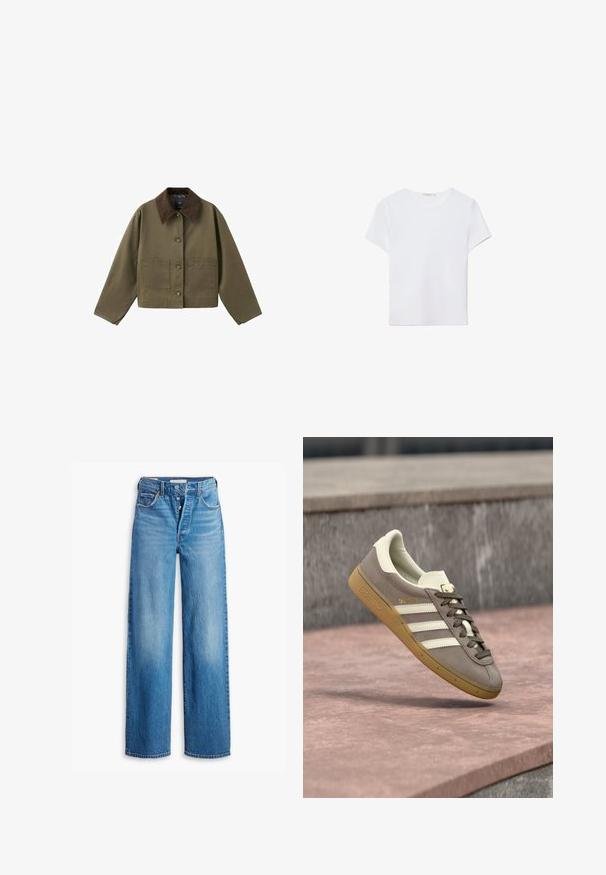 Veste courte vert olive avec col en velours côtelé marron foncé, boutonnée à l'avant, manches longues et deux poches carrées à l'avant.; T-shirt blanc à manches courtes en tissu doux. Dispose d'un col rond et d'un design simple et épuré avec un ourlet droit.; Jeans en denim bleu à taille haute, design à jambes larges et style à cinq poches. Présente un zip à bouton et une finition délavée.; Baskets Adidas en suède marron clair avec des rayures blanches et une semelle gomme, suspendues au-dessus de marches en pierre rose en plein air.
