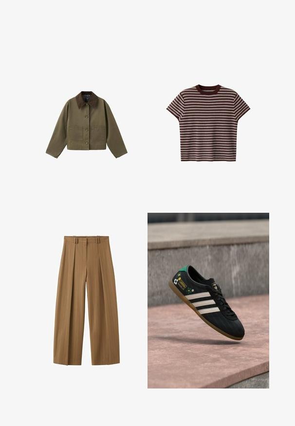 Veste courte vert olive avec col en velours côtelé marron foncé, boutonnée à l'avant, manches longues et deux poches carrées à l'avant.; Haut tricoté marron à manches courtes avec des rayures horizontales blanches et un col rond sur fond blanc.; Pantalon marron taille haute à jambes larges avec fines rayures, plis sur le devant, passants pour ceinture et fermeture éclair dissimulée sur le devant.; Chaussure de sport noire avec des rayures blanches, tige à motif avec des accents floraux et un talon vert. Semelle en caoutchouc offrant une bonne adhérence.