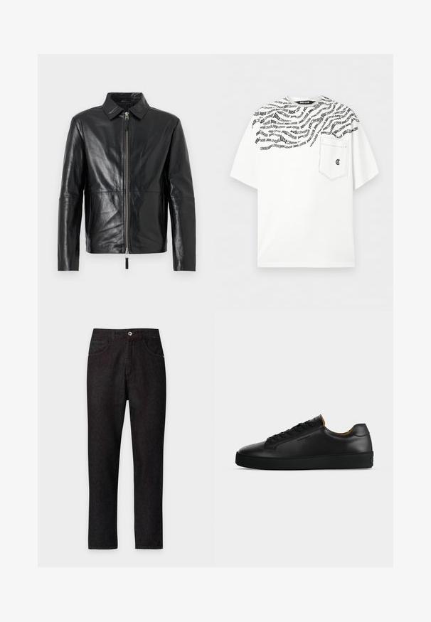 Schwarze Lederjacke mit spitzem Kragen, langen Ärmeln, Frontreißverschluss und Seitentaschen, dargestellt auf weißem Hintergrund.; Weißes T-Shirt mit kurzen Ärmeln und schwarzem diagonalen "Just Cavalli"-Schriftzug über Schultern und oberer Brust, mit einer Brusttasche und kleinem schwarzem Logo.; Schwarze Jeans mit geradem Bein, vorderen Taschen, Gürtelschlaufen und Knopfverschluss an der Taille vor einfarbigem Hintergrund.; Schwarzer flacher Ledersneaker mit schwarzen Schnürsenkeln, strukturierter Gummisohle und kleinem eingeprägtem Logo an der Seite, im Profil vor grauem Hintergrund gezeigt.