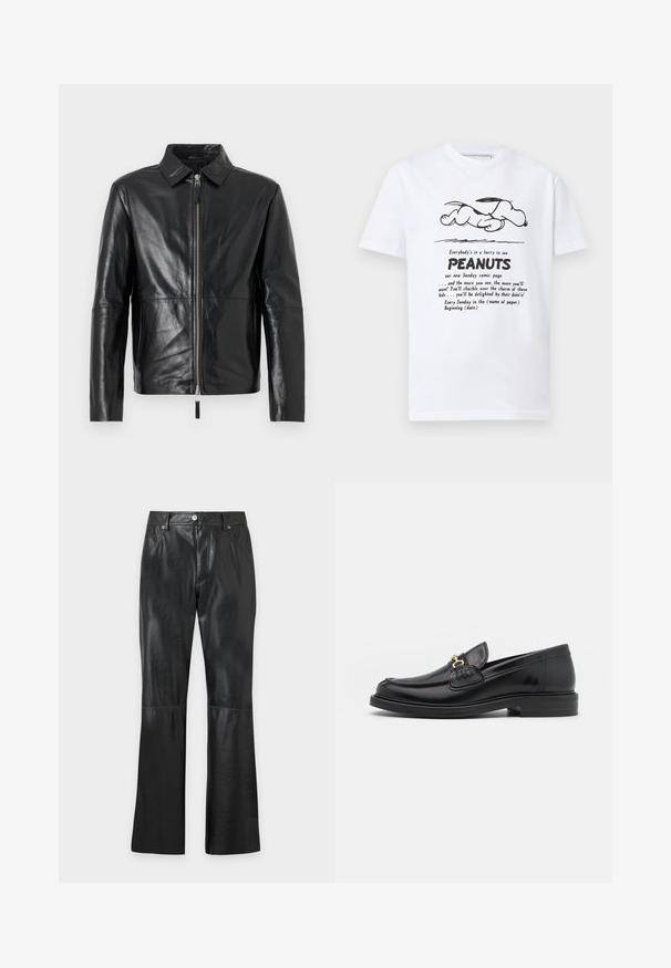 Schwarze Lederjacke mit spitzem Kragen, langen Ärmeln, Frontreißverschluss und Seitentaschen, dargestellt auf weißem Hintergrund.; Weißes T-Shirt mit einer schwarzen Strichzeichnung von Snoopy, der liegt, über einem Text, der die Peanuts-Sonntagscomicseite bewirbt.; Schwarze Hose aus Kunstleder mit Fronttaschen, Frontreißverschluss, Knopfverschluss, Gürtelschlaufen und ausgestellten Beinen.; Schwarze Lederleter mit einer abgerundeten Zehenpartie, ausgestattet mit goldenen Hardwareakzenten und Stichdetails, auf einer niedrigen, strukturierten Gummisohle.