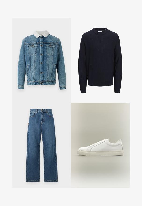 Lysblå denimjakke med en fluffy hvid krave, der har to brystlommer, knaplukning foran og syninger.; Marineblå langærmet striktrøje med rund hals og ribstrikkede manchetter og fald, vist på en ensartet lys grå baggrund.; Blå denim jeans med afslappet pasform, lige ben, synlige sømme og lukkes med en knap foran. Har en sidelomme med accent.; Hvid lavtop sneaker med snørebånd foran og tyk sål, vist fra siden mod en neutral baggrund.
