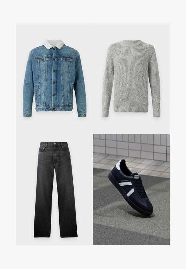 Lysblå denimjakke med en fluffy hvid krave, der har to brystlommer, knaplukning foran og syninger.; Grå strikket sweater med lange ærmer, rund halsudskæring og ribbede manchetter og kant. Teksturen er tyk og struktureret, velegnet til køligere vejr.; Sorte denimbukser med lige ben, der har fem lommer og knappelukning. Stof har en let glans og synlig tekstur.; Sort lædersneaker med hvide striber, tekstureret gummisål og snørrebånd foran. Har et brandet mærke på tungen.