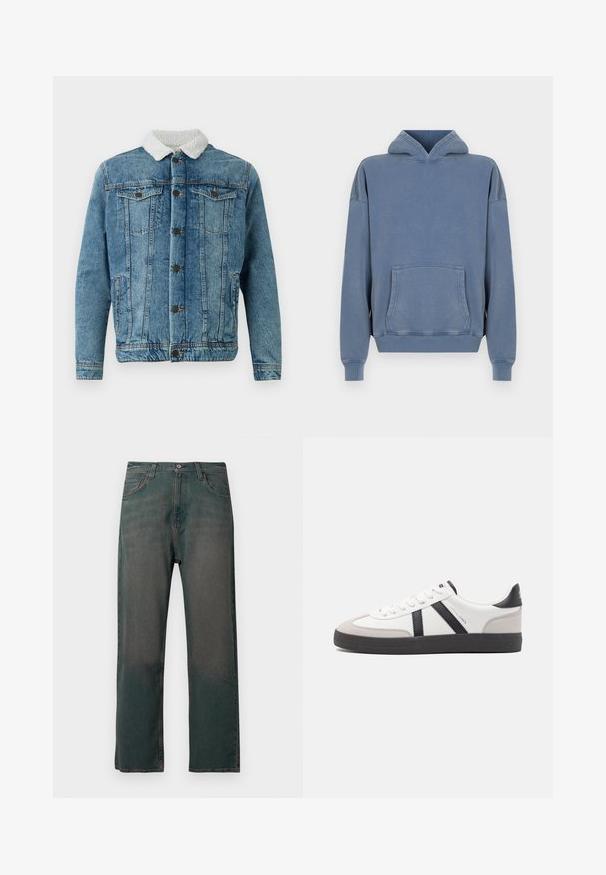 Lysblå denimjakke med en fluffy hvid krave, der har to brystlommer, knaplukning foran og syninger.; Blå bomulds sweatshirt med en frontlomme, justerbar snøre hætte og ribbede manchetter. Glat tekstur, afslappet pasform og syet detaljer.; Mørkegrønne denimjeans med lige ben, der har et klassisk design med fem lommer og kontrastsyninger langs sømmene.; Hvide sneakers med sorte og grå detaljer, med en tekstureret grå tåhætte, sort gummisål og flade hvide snørebånd. Rent design, minimalistisk stil.