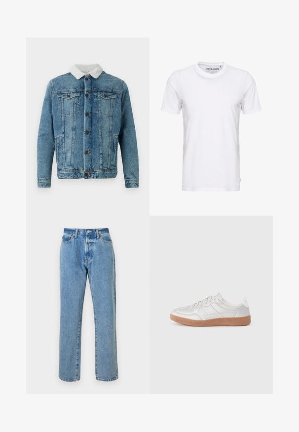 Leren spijkerjasje in lichtblauw met een pluizige witte kraag, voorzien van twee borstzakken, knopen aan de voorkant en gestikte details.; Witte korte mouwen t-shirt van katoen, met een ronde hals en een eenvoudig ontwerp. Merktag zichtbaar op het nekgebied. Geen patronen of accenten.; Lichtblauwe denim jeans met een rechte pijp, voorzien van vijf zakken, een ritsgulp en koperen hardware accenten. Versleten details overal.; Zilveren sneakers met een gladde textuur, vetersluiting, geperforeerde accenten en een gestructureerde bruine rubberen zool.
