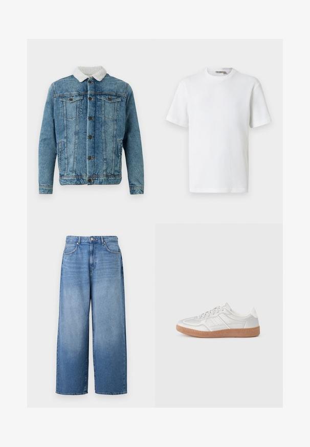 Lysblå denimjakke med en fluffy hvid krave, der har to brystlommer, knaplukning foran og syninger.; Hvid kortærmet t-shirt i vaffelmønster med rund hals og et lille mærke med brandnavn inde i kraven, vist på en ensfarvet baggrund.; Bredde denim jeans i lyseblå med en let falmet finish. Har klassisk fem-lomme design og metalknaplukning.; Sølv sneakers med en glat overflade, snørebånd, perforerede detaljer og en struktureret brun gummi sål.