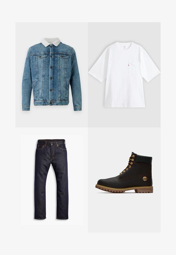 Jeansjacke in Hellblau mit einem flauschigen weißen Kragen, ausgestattet mit zwei Brusttaschen, Knopfleiste und gestickten Details.; Weißes Baumwoll-T-Shirt mit kurzen Ärmeln, rundem Ausschnitt und Brusttasche auf der linken Seite. Mit kleinem rotem Logotag an der Tasche.; Dunkelblaue gerade geschnittene Jeans aus Denim mit fünf Taschen und orangefarbenen Kontrastnähten, flach auf einem weißen Hintergrund ausgelegt.; Schwarze Leder-Ankle-Boots mit goldenen Ösen, braunen Akzenten und einer Gummisohle. Verfügt über einen gepolsterten Schaft und ein geprägtes Logo an der Seite.
