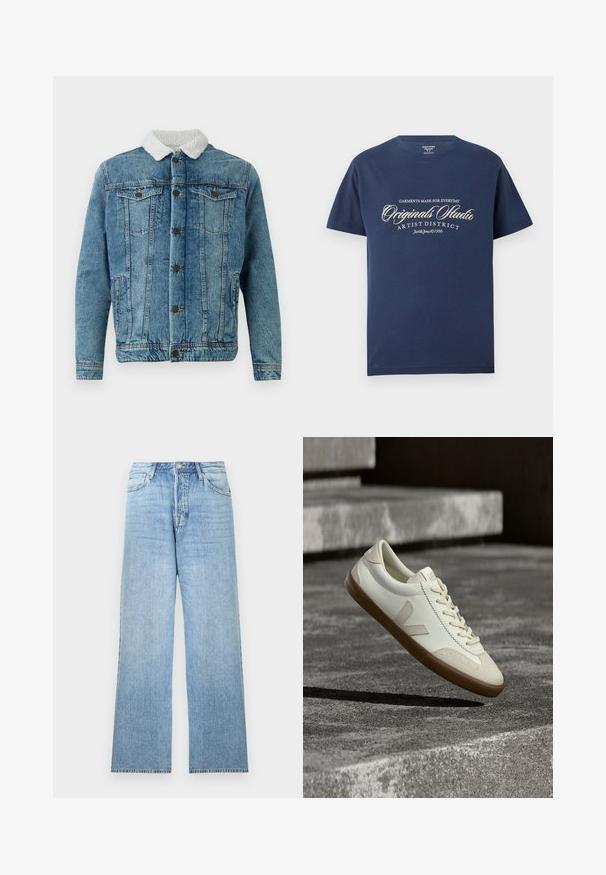 Jeansjacke in Hellblau mit einem flauschigen weißen Kragen, ausgestattet mit zwei Brusttaschen, Knopfleiste und gestickten Details.; Marineblaues Baumwoll-T-Shirt mit kurzen Ärmeln, das weißen Text mit der Aufschrift "Kleidung für Everyday Originals Studio Artist District" trägt.; Hellblaue Jeans aus Denim mit geradem Bein, Verschluss mit oberem Knopf, fünf Taschen und ausgefransten Säumen.; Weiße Leder-Sneaker mit beige-gummiartiger Sohle, flachen Schnürsenkeln und V-förmigem Akzent an der Seite. Verfügt über eine glatte Oberfläche und minimale Nahtdetails.