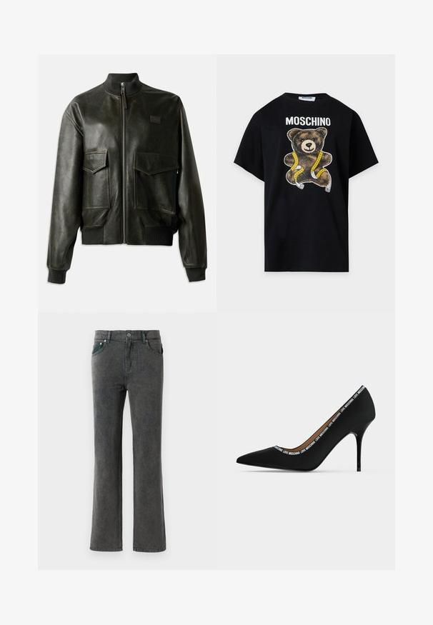 Chaqueta bomber de piel negra con cuello y puños acanalados, dos grandes bolsillos frontales, cierre de cremallera y detalles de costura sutiles.; Camiseta negra Moschino con un oso de peluche envuelto en una cinta métrica amarilla y blanca impresa debajo del nombre de la marca.; Jeans de mezclilla gris con un lavado desgastado, cinco bolsillos, pasadores para cinturón y un cierre de botón único. Textura suave y diseño de pierna recta.; Zapato de tacón alto puntiagudo negro con tacón de aguja y adorno de texto "LOVE MOSCHINO" a lo largo del borde de la abertura, vista lateral sobre fondo blanco.