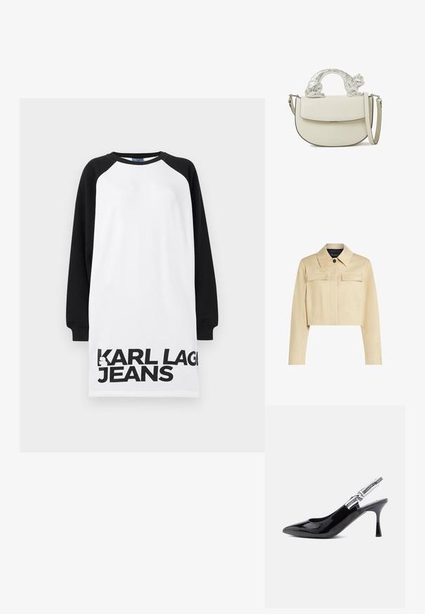 Beskåret beige jakke med spidse kraver, to frontlommer og knaplukning. Glat tekstur og diskret branding på brystet.; Hvid og sort overdimensioneret kjole med raglanærmer, der pryder bold sort tekst "KARL LAGERFELD JEANS" langs bunden. Glat bomuldsstof.; Sorte patenterede læder slingback stiletter med spids tå, moderat hæl, og en rem med fed hvid branding langs kanten.; Kremet læder crossbody-taske med klap og et sølvfarvet katteformet håndtag, der buer over toppen, med en justerbar skulderrem.